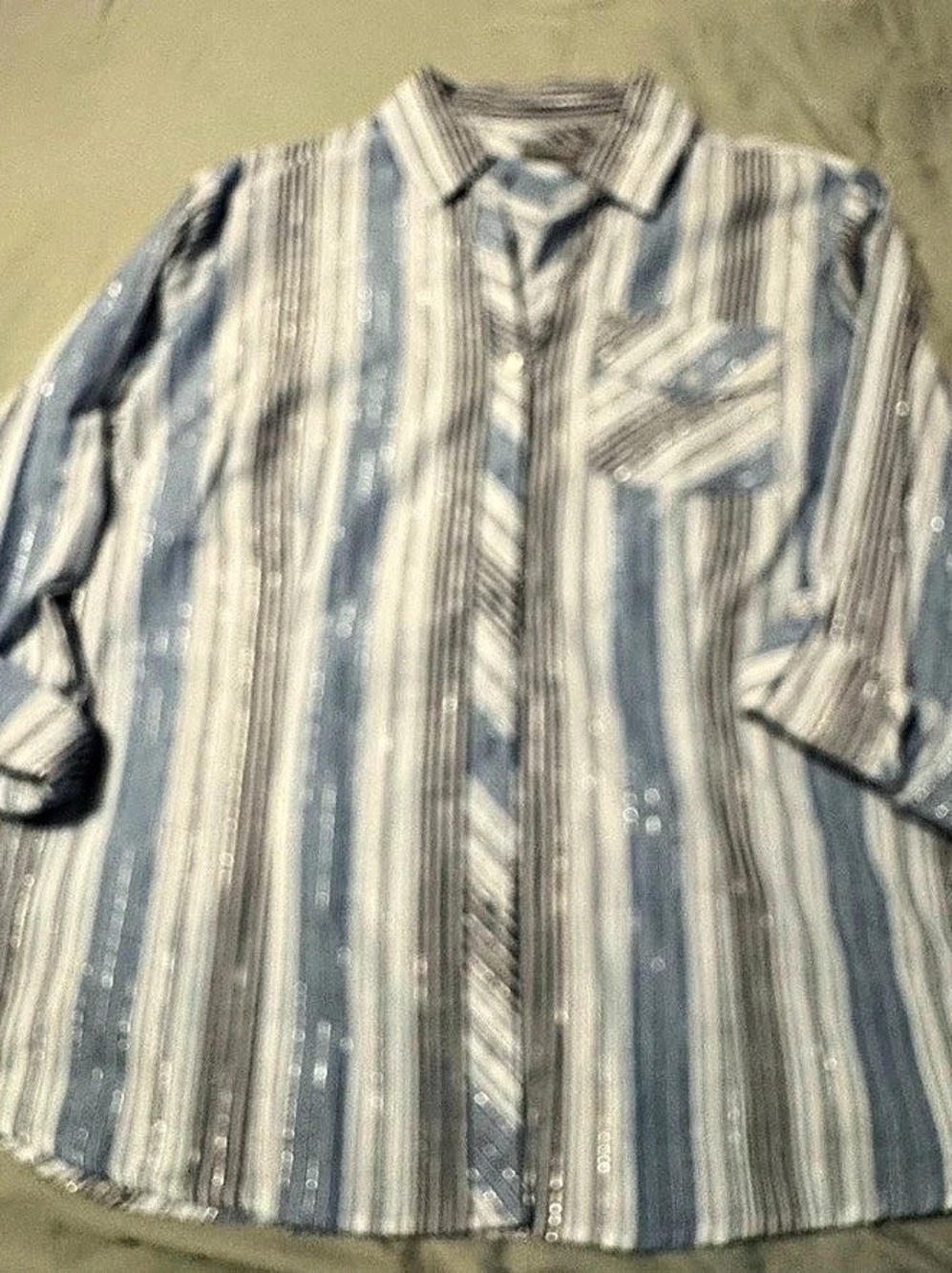 Company One Woman 1X Blue White Metallic Striped Button Up Shirt NWT